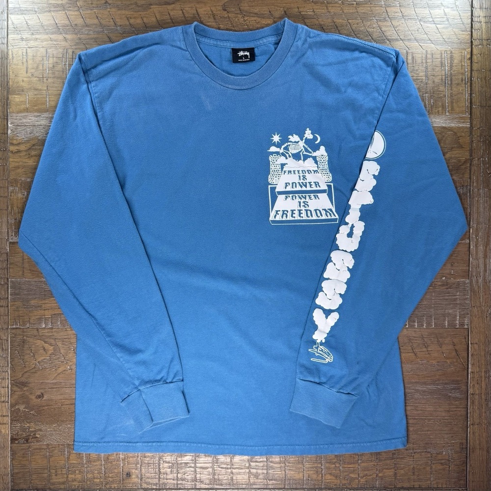 Stussy Long Sleeve T-Shirt Blue Sz LARGE Freedom Power Smoke Surf Skate Hip Hop